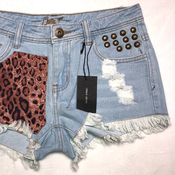 Chiqle Denim Leopard Print Patch and Studded Distressed Blue Jean Shorts - Picture 4 of 16